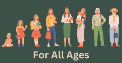 Image of diverse people representing different age groups, from baby to elderly, standing in a row. Includes children, teenagers, adults, and seniors in various outfits and poses. Text at bottom reads 