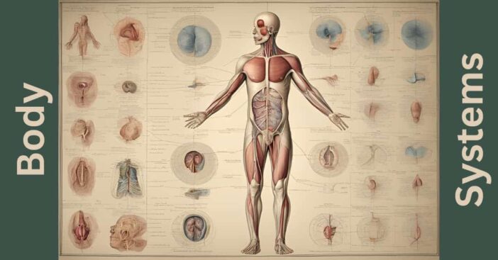 Detailed anatomical chart of human body systems showing full figure and individual organ illustrations, including muscular, skeletal, respiratory, and circulatory systems on vintage medical poster background